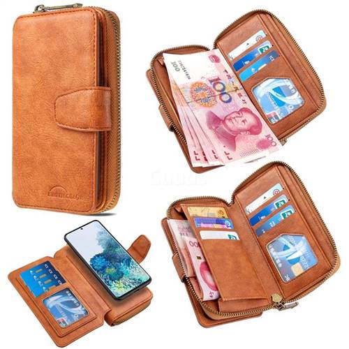 Binfen Color Retro Buckle Zipper Multifunction Leather Phone Wallet for Samsung Galaxy S20 Plus / S11 - Brown