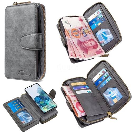 Binfen Color Retro Buckle Zipper Multifunction Leather Phone Wallet for Samsung Galaxy S20 Plus / S11 - Gray