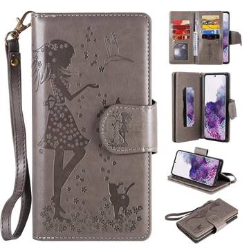 Embossing Cat Girl 9 Card Leather Wallet Case for Samsung Galaxy S20 Plus / S11 - Gray