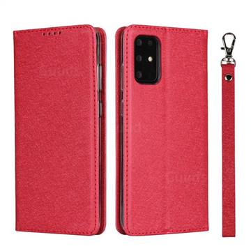 Ultra Slim Magnetic Automatic Suction Silk Lanyard Leather Flip Cover for Samsung Galaxy S20 Plus / S11 - Red