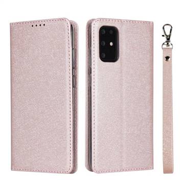 Ultra Slim Magnetic Automatic Suction Silk Lanyard Leather Flip Cover for Samsung Galaxy S20 Plus / S11 - Rose Gold