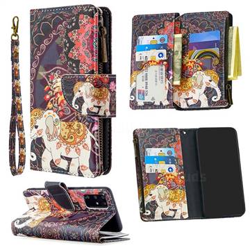 Totem Flower Elephant Binfen Color BF03 Retro Zipper Leather Wallet Phone Case for Samsung Galaxy S20 Plus / S11