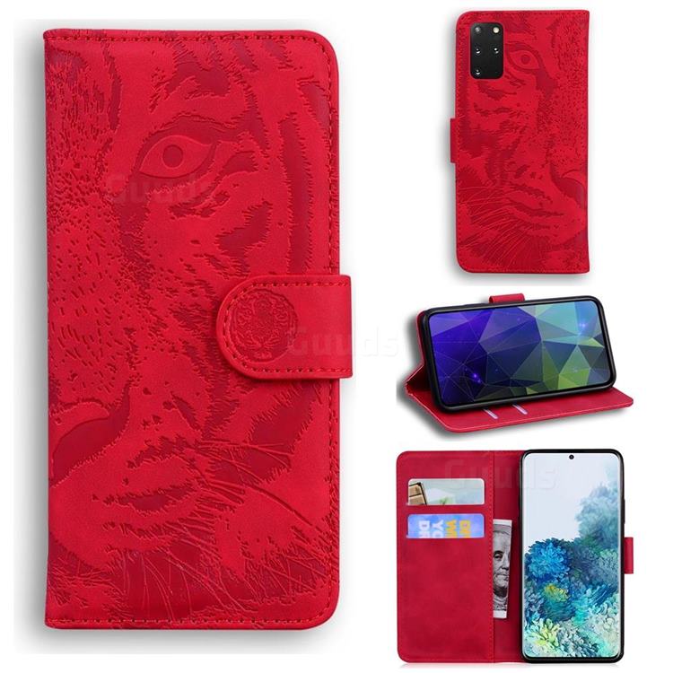 Intricate Embossing Tiger Face Leather Wallet Case for Samsung Galaxy S20 Plus / S11 - Red