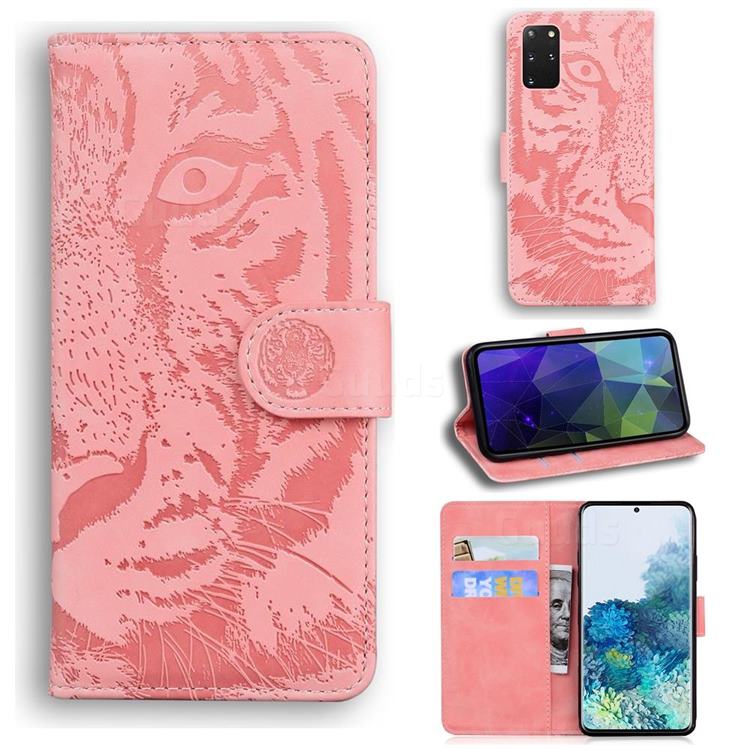 Intricate Embossing Tiger Face Leather Wallet Case for Samsung Galaxy S20 Plus / S11 - Pink