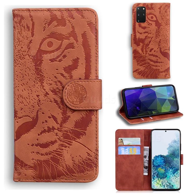 Intricate Embossing Tiger Face Leather Wallet Case for Samsung Galaxy S20 Plus / S11 - Brown