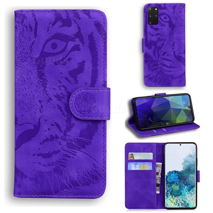 Intricate Embossing Tiger Face Leather Wallet Case for Samsung Galaxy S20 Plus / S11 - Purple
