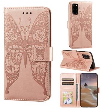 Intricate Embossing Rose Flower Butterfly Leather Wallet Case for Samsung Galaxy S20 Plus - Rose Gold