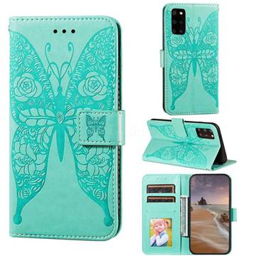 Intricate Embossing Rose Flower Butterfly Leather Wallet Case for Samsung Galaxy S20 Plus - Green