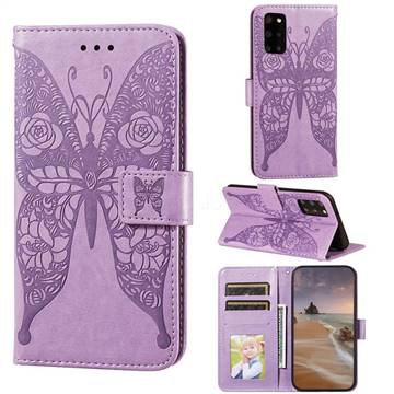 Intricate Embossing Rose Flower Butterfly Leather Wallet Case for Samsung Galaxy S20 Plus - Purple
