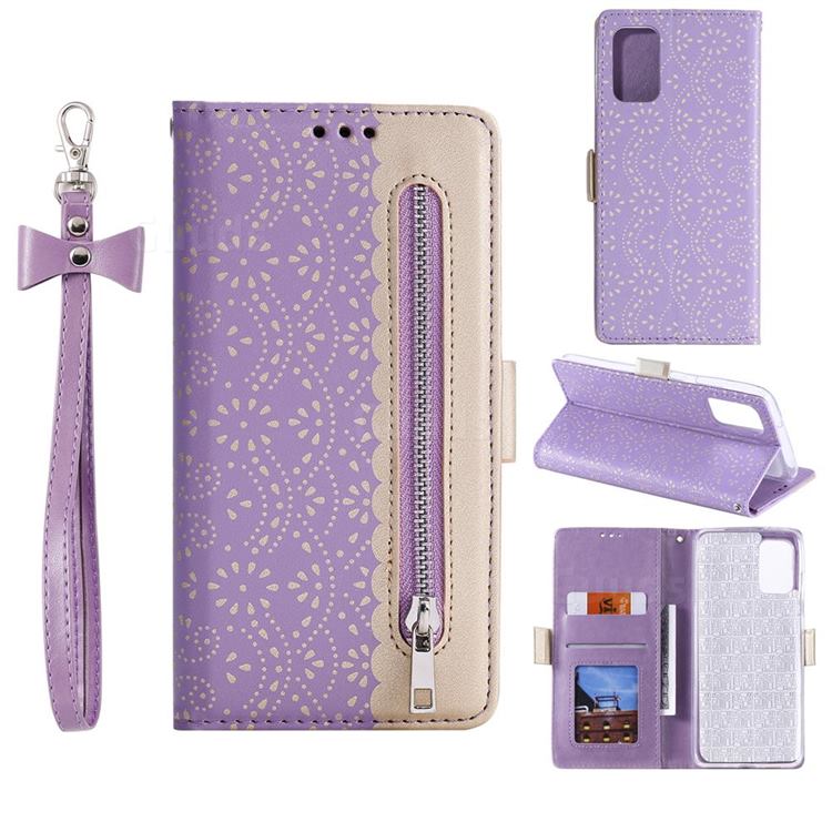Luxury Lace Zipper Stitching Leather Phone Wallet Case for Samsung Galaxy S20 Plus - Purple