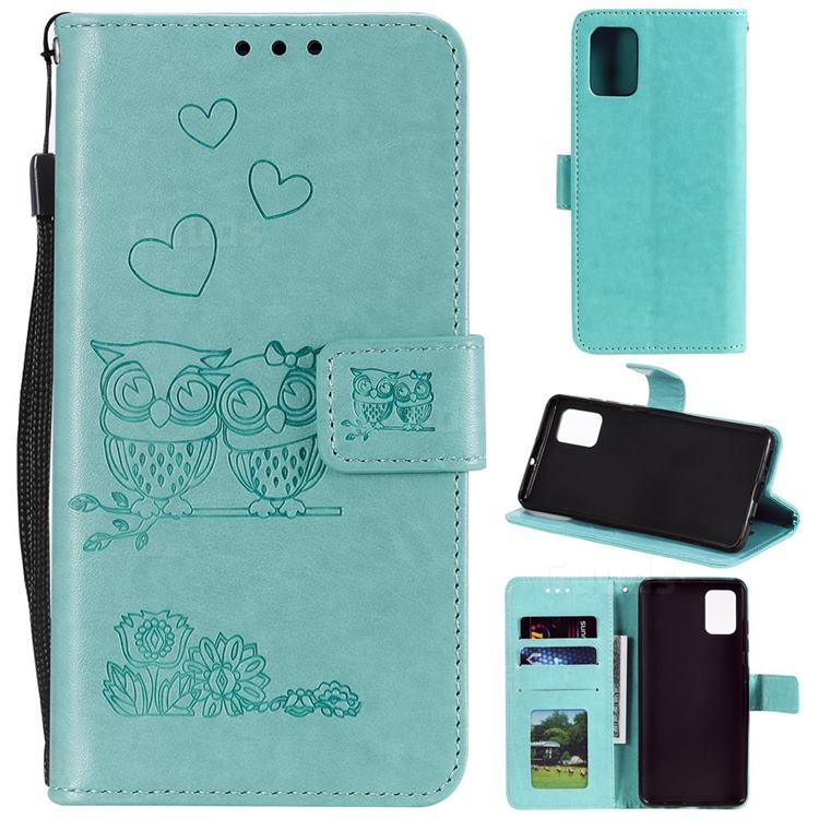 Embossing Owl Couple Flower Leather Wallet Case for Samsung Galaxy S20 Plus - Green
