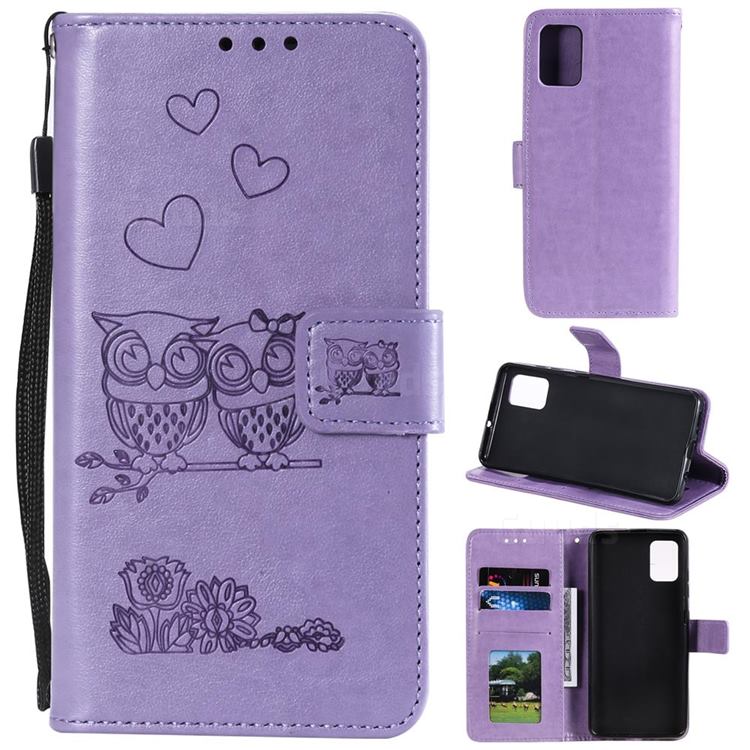 Embossing Owl Couple Flower Leather Wallet Case for Samsung Galaxy S20 Plus - Purple