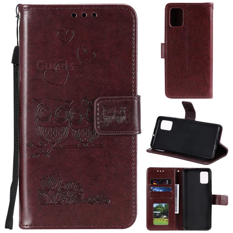 Embossing Owl Couple Flower Leather Wallet Case for Samsung Galaxy S20 Plus - Brown