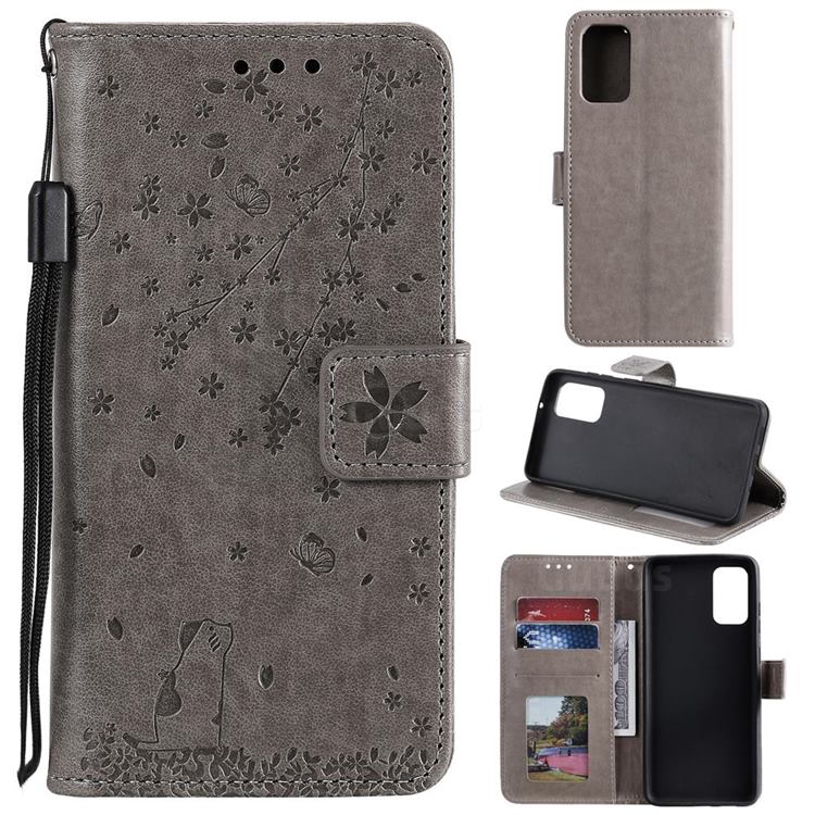 Embossing Cherry Blossom Cat Leather Wallet Case for Samsung Galaxy S20 Plus - Gray