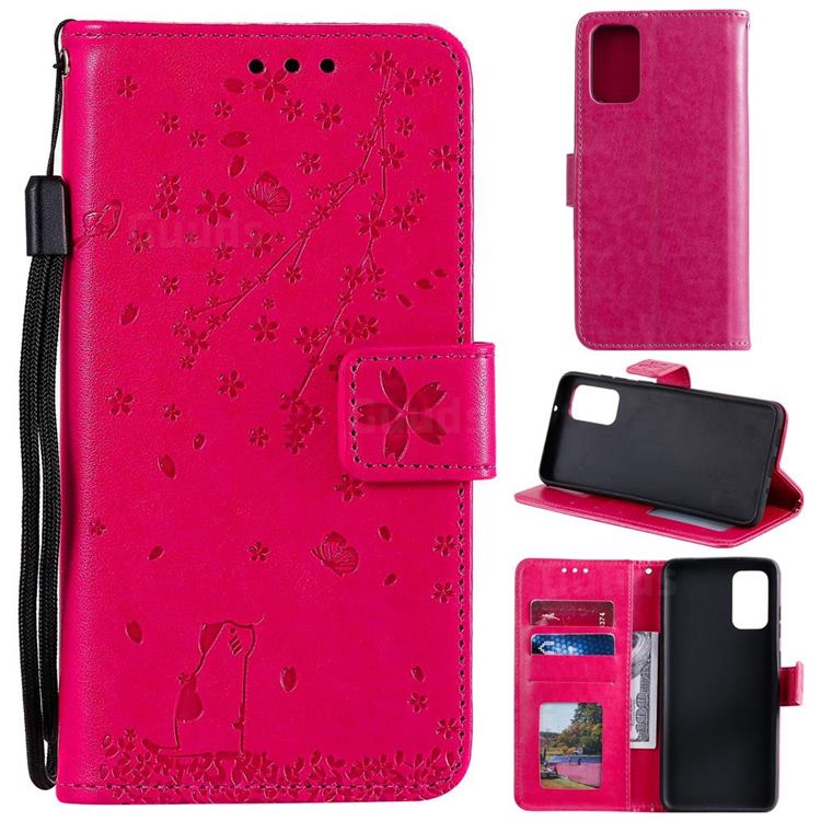 Embossing Cherry Blossom Cat Leather Wallet Case for Samsung Galaxy S20 Plus - Rose