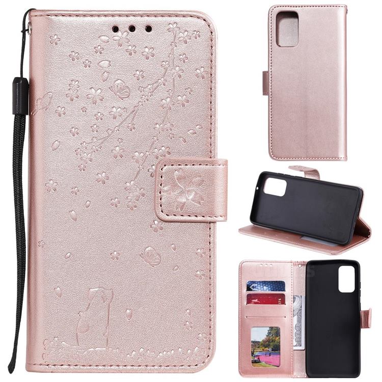 Embossing Cherry Blossom Cat Leather Wallet Case for Samsung Galaxy S20 Plus - Rose Gold