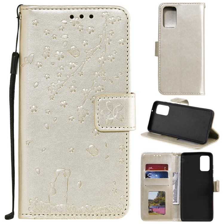 Embossing Cherry Blossom Cat Leather Wallet Case for Samsung Galaxy S20 Plus - Golden
