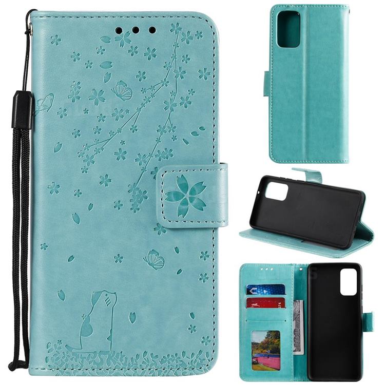 Embossing Cherry Blossom Cat Leather Wallet Case for Samsung Galaxy S20 Plus - Green