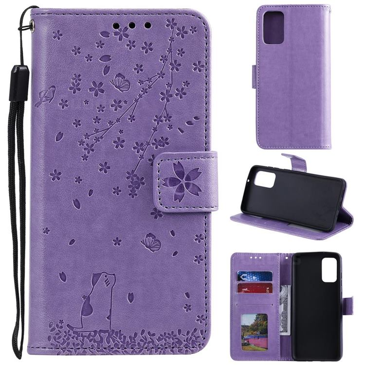 Embossing Cherry Blossom Cat Leather Wallet Case for Samsung Galaxy S20 Plus - Purple
