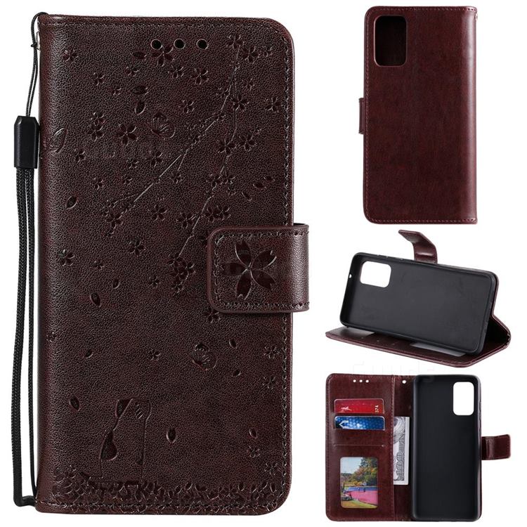 Embossing Cherry Blossom Cat Leather Wallet Case for Samsung Galaxy S20 Plus - Brown