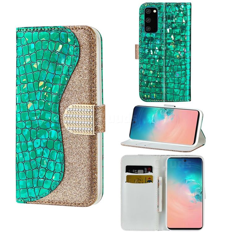 Glitter Diamond Buckle Laser Stitching Leather Wallet Phone Case for Samsung Galaxy S20 Plus - Green