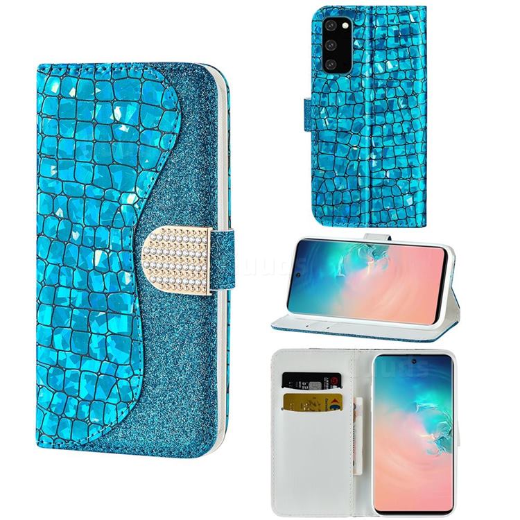 Glitter Diamond Buckle Laser Stitching Leather Wallet Phone Case for Samsung Galaxy S20 Plus - Blue