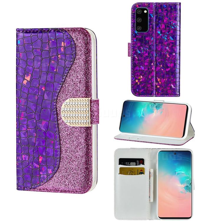 Glitter Diamond Buckle Laser Stitching Leather Wallet Phone Case for Samsung Galaxy S20 Plus - Purple