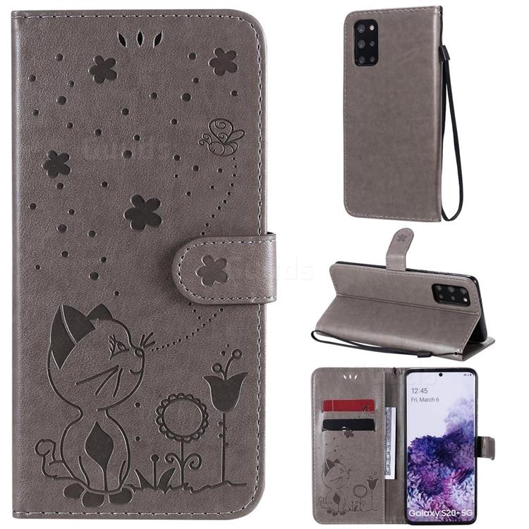 Embossing Bee and Cat Leather Wallet Case for Samsung Galaxy S20 Plus - Gray
