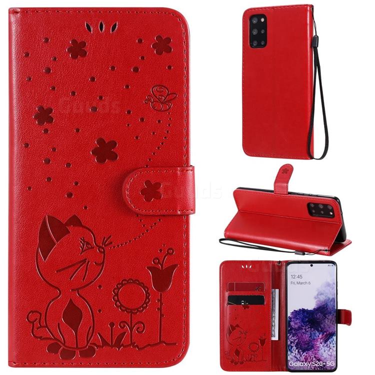 Embossing Bee and Cat Leather Wallet Case for Samsung Galaxy S20 Plus - Red