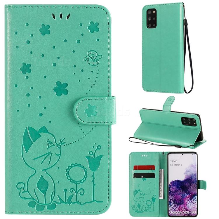 Embossing Bee and Cat Leather Wallet Case for Samsung Galaxy S20 Plus - Green