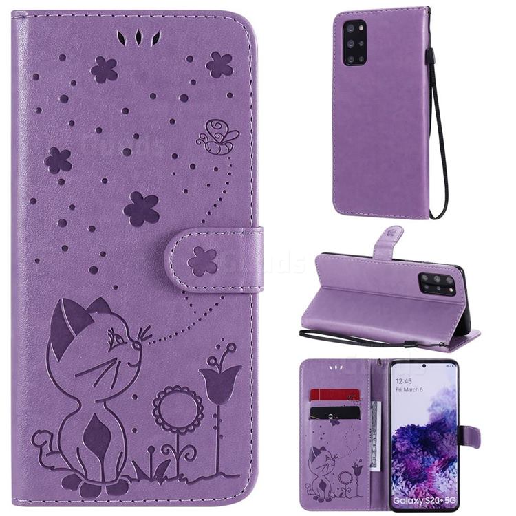 Embossing Bee and Cat Leather Wallet Case for Samsung Galaxy S20 Plus - Purple