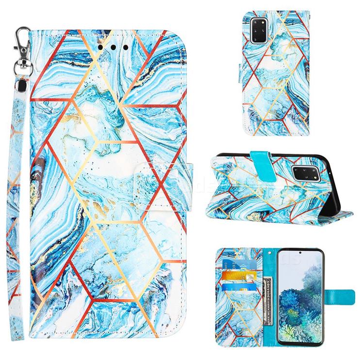 Lake Blue Stitching Color Marble Leather Wallet Case for Samsung Galaxy S20 Plus