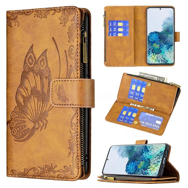 Binfen Color Imprint Vivid Butterfly Buckle Zipper Multi-function Leather Phone Wallet for Samsung Galaxy S20 Plus - Brown
