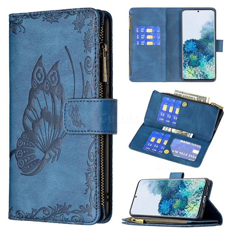 Binfen Color Imprint Vivid Butterfly Buckle Zipper Multi-function Leather Phone Wallet for Samsung Galaxy S20 Plus - Blue