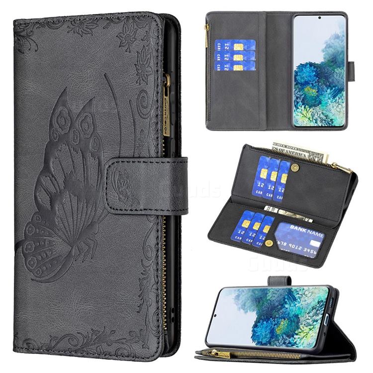Binfen Color Imprint Vivid Butterfly Buckle Zipper Multi-function Leather Phone Wallet for Samsung Galaxy S20 Plus - Black