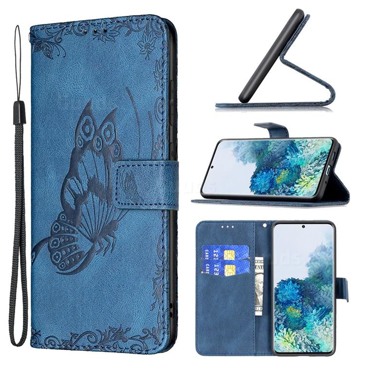 Binfen Color Imprint Vivid Butterfly Leather Wallet Case for Samsung Galaxy S20 Plus - Blue