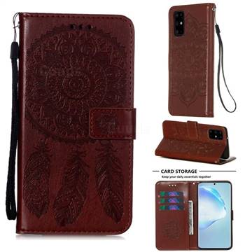 Embossing Dream Catcher Mandala Flower Leather Wallet Case for Samsung Galaxy S20 Plus - Brown