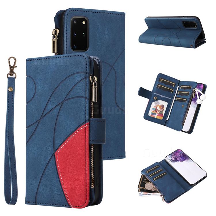 Luxury Two-color Stitching Multi-function Zipper Leather Wallet Case Cover for Samsung Galaxy S20 Plus - Blue