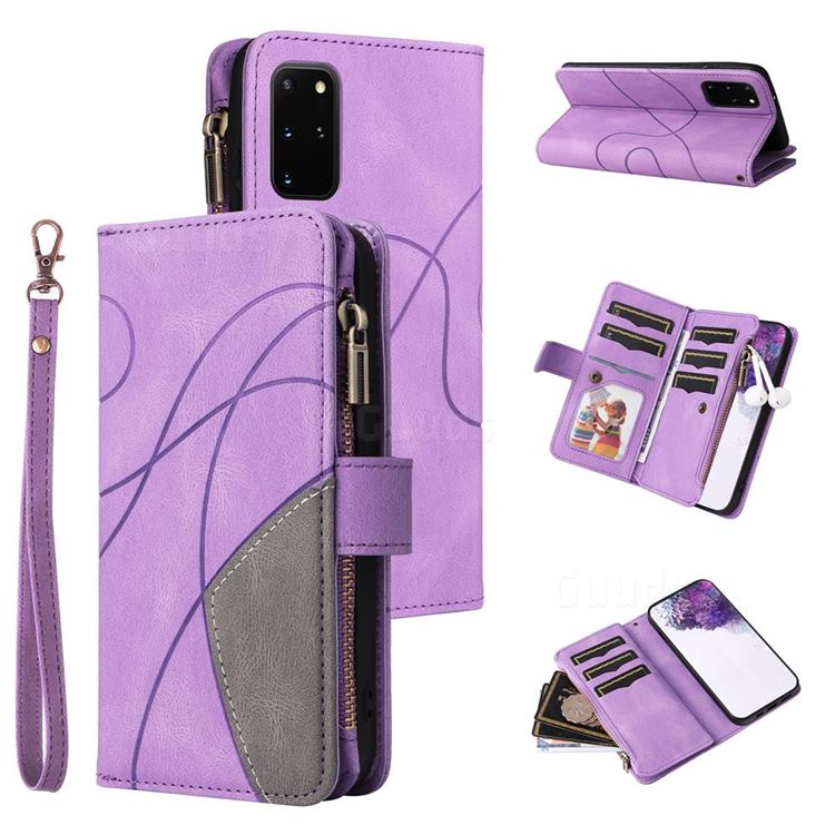 Luxury Two-color Stitching Multi-function Zipper Leather Wallet Case Cover for Samsung Galaxy S20 Plus - Purple