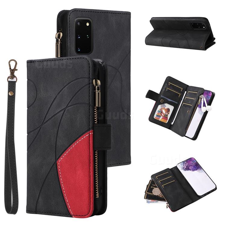 Luxury Two-color Stitching Multi-function Zipper Leather Wallet Case Cover for Samsung Galaxy S20 Plus - Black