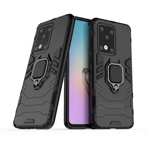 Black Panther Armor Metal Ring Grip Shockproof Dual Layer Rugged Hard Cover for Samsung Galaxy S20 Ultra / S11 Plus - Black