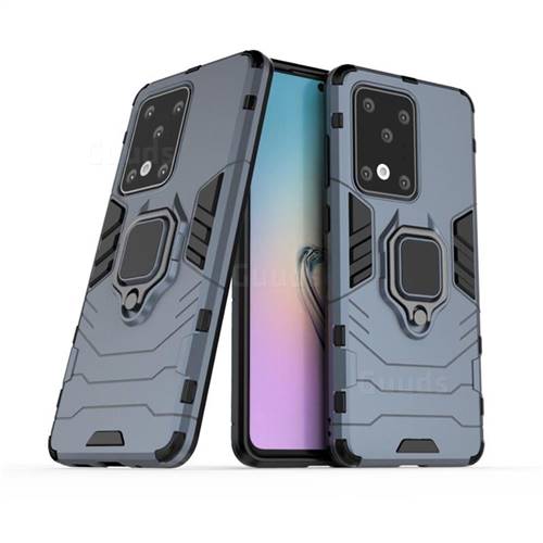 Black Panther Armor Metal Ring Grip Shockproof Dual Layer Rugged Hard Cover for Samsung Galaxy S20 Ultra / S11 Plus - Blue