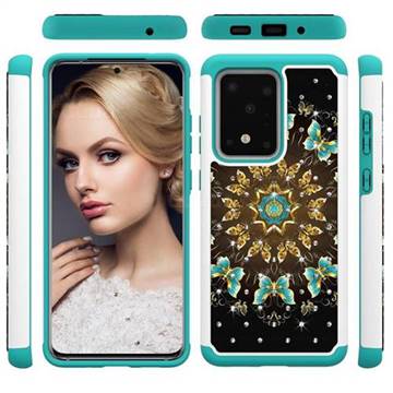 Golden Butterflies Studded Rhinestone Bling Diamond Shock Absorbing Hybrid Defender Rugged Phone Case Cover for Samsung Galaxy S20 Ultra / S11 Plus