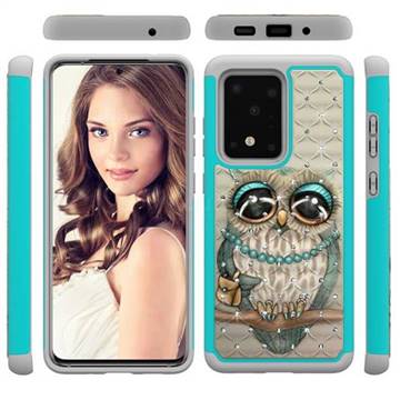 Sweet Gray Owl Studded Rhinestone Bling Diamond Shock Absorbing Hybrid Defender Rugged Phone Case Cover for Samsung Galaxy S20 Ultra / S11 Plus