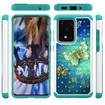 Gold Butterfly Studded Rhinestone Bling Diamond Shock Absorbing Hybrid Defender Rugged Phone Case Cover for Samsung Galaxy S20 Ultra / S11 Plus