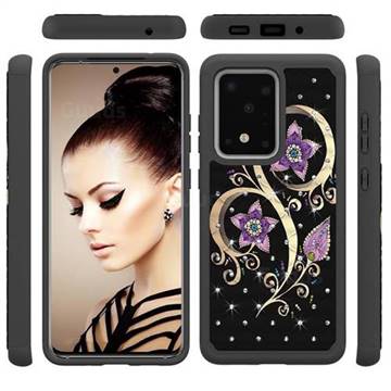 Peacock Flower Studded Rhinestone Bling Diamond Shock Absorbing Hybrid Defender Rugged Phone Case Cover for Samsung Galaxy S20 Ultra / S11 Plus