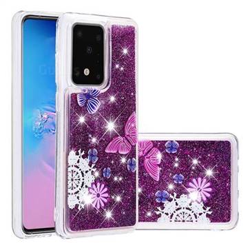 Purple Flower Butterfly Dynamic Liquid Glitter Quicksand Soft TPU Case for Samsung Galaxy S20 Ultra / S11 Plus