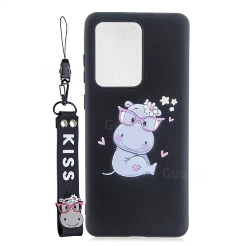 Black Flower Hippo Soft Kiss Candy Hand Strap Silicone Case for Samsung Galaxy S20 Ultra / S11 Plus