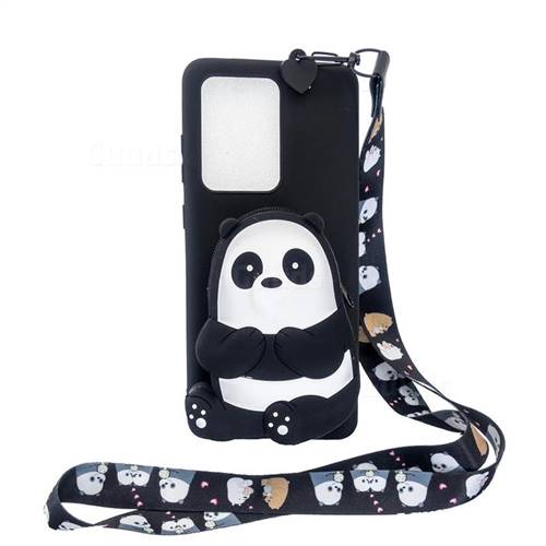 Cute Panda Neck Lanyard Zipper Wallet Silicone Case for Samsung Galaxy S20 Ultra / S11 Plus