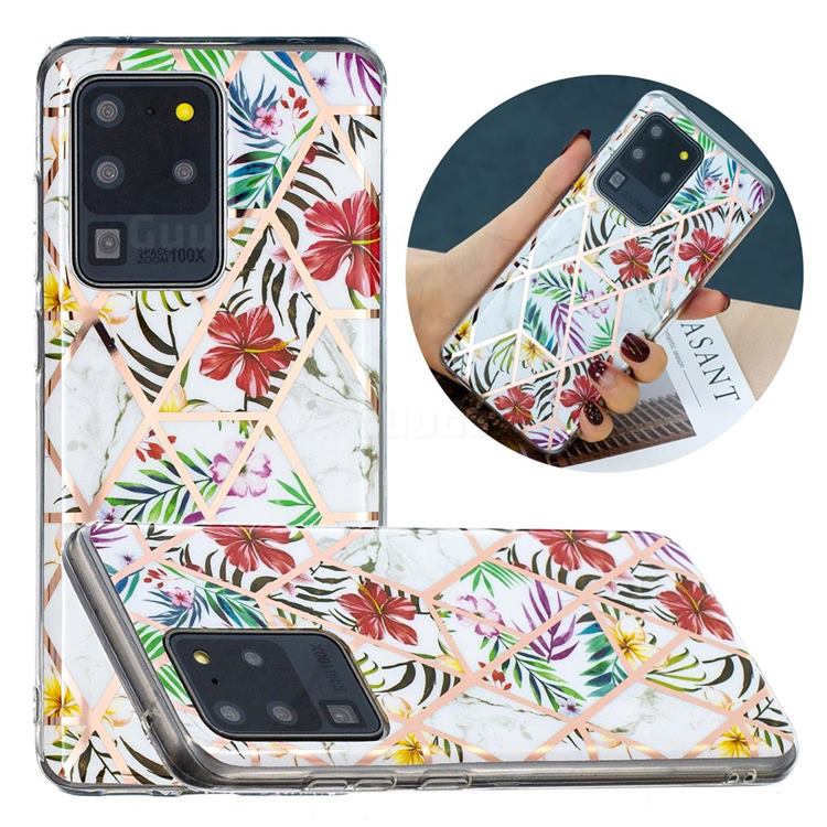 Tropical Rainforest Flower Painted Marble Electroplating Protective Case for Samsung Galaxy S20 Ultra
